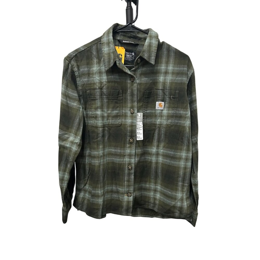 Carhartt Womens Rugged Flex Plaid Long Sleeve Shirt Loose Fit Sz S Army Green